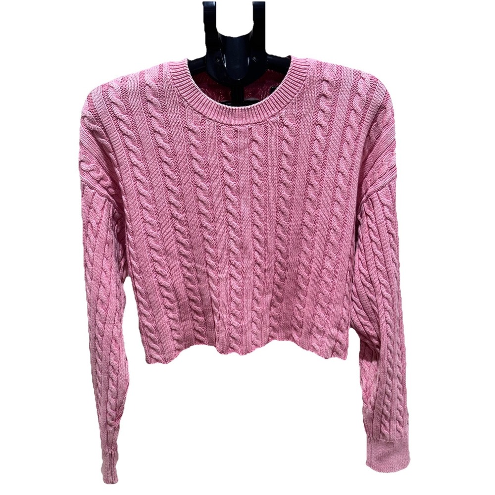 Aerie Cable Knit‎ Cropped Sweater Long Sleeve Crew Neck Pullover Pink XL